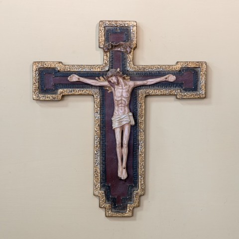 Small Patinated Colored and Gold Byzantine Crucifix in Ceramic